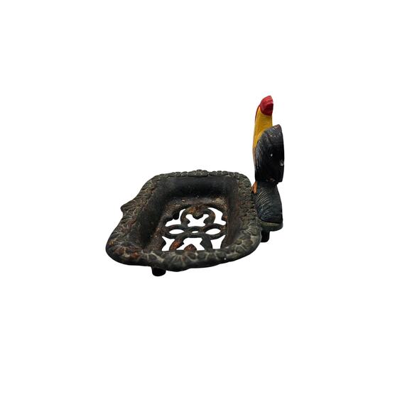 Vintage Cast Iron Rooster Soap Dish for Outdoors Mount Rustic Yellow Rooster Red - Picture 3 of 5